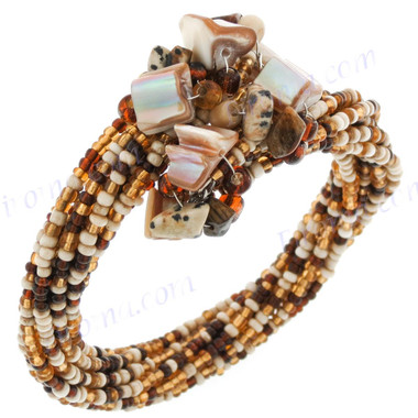 Mother Of Pearl Seed Beads Tiger Eye 7" Beige Brown Bangle Post Bracelet