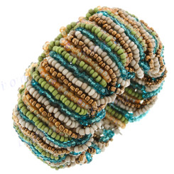 Seed Beads 7" Bronze Blue Cuff Bracelet