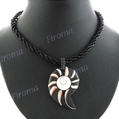 Glass Seed Beads Cone Shell Shiwa Eye 17" Black Necklace