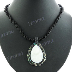 Glass Seed Beads Mother Of Pearl Paua Abalone Shell Teardrop 17" Black Necklace