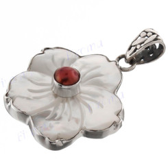 1 7/16" 925 Silver Red Biwa Pearl Mother Of Pearl Shell Flower White Pendant