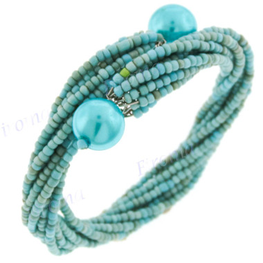 Faux Pearl Seed Beads 7" Turquoise Bangle Bracelet
