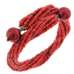 Faux Pearl Seed Beads 7" Coral Red Bangle Bracelet