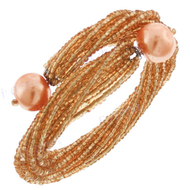 Faux Pearl Seed Beads 7" Gold Bangle Bracelet