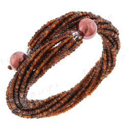 Faux Pearl Seed Beads 7" Bronze Bangle Bracelet