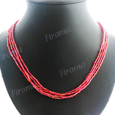 Glass Seed Beads 23" Peacock Red Necklace