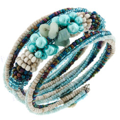 Seed Beads Green Aventurine 7" Peacock Beige Bangle Bracelet