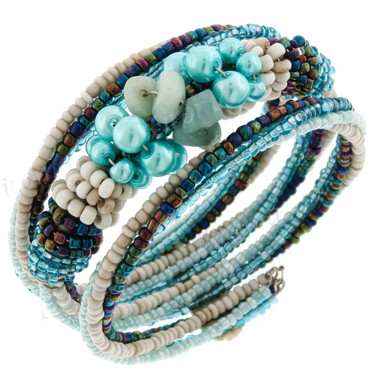 Seed Beads Green Aventurine 7" Peacock Beige Bangle Bracelet