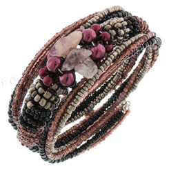 Seed Beads Amethyst 7" Champagne Black Bangle Bracelet