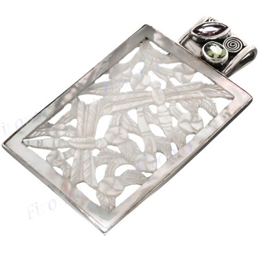 925 Silver Peridot Amethyst Mother Of Pearl Carved Shell Dragonfly Pendant