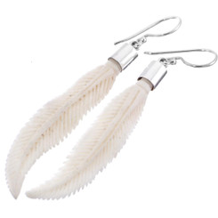 2 1/8" 925 Silver Buffalo Bone Feather French Wires Earrings