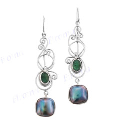 1 3/4" 925 Silver Blue Mabe Pearl Emerald French Wires Earrings