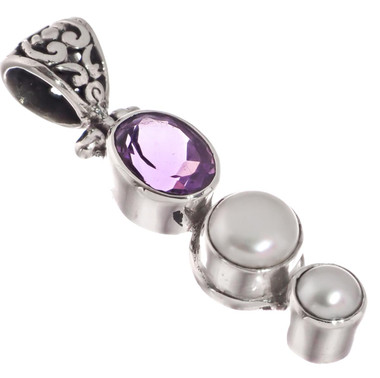 925 Silver Amethyst Biwa Freshwater Pearl Sterling Pendant, 1 1/2"