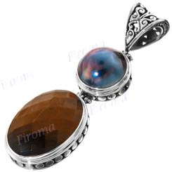 2 7/16" 925 Silver Tiger Eye Grey Mabe Pearl Pendant