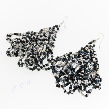 2 3/8" Seed Beads Black White Chandelier French Earrings