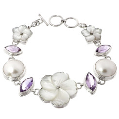 925 Silver Mabe Pearlea Amethystea Flower 7 1/2" Toggle Bracelet