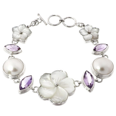 925 Silver Mabe Pearlea Amethystea Flower 7 1/2" Toggle Bracelet