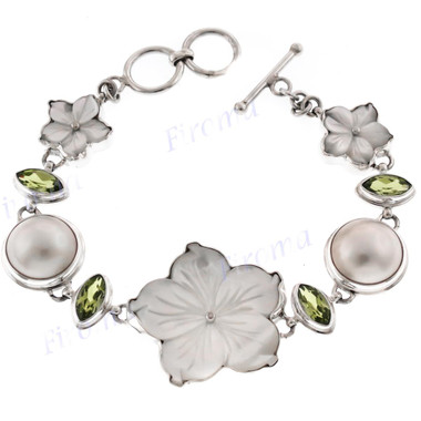 925 Silver Mabe Pearlea Peridotea Flower 7 1/2" Toggle Bracelet