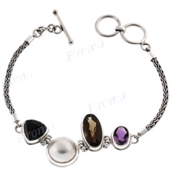 925 Silver Onyx Smokey Quartz Amethyst 7 1/2" Toggle Bracelet