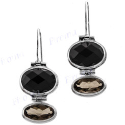 7/8" 925 Silver Onyx Smokey Quartz French Wires Earrings