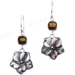1" 925 Silver Smokey Quartz Grey Mother Of Pearl Shell French Wires Earrings