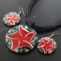 Paua Abalone Cone Shell 18" Black Red Wires Necklace Earring