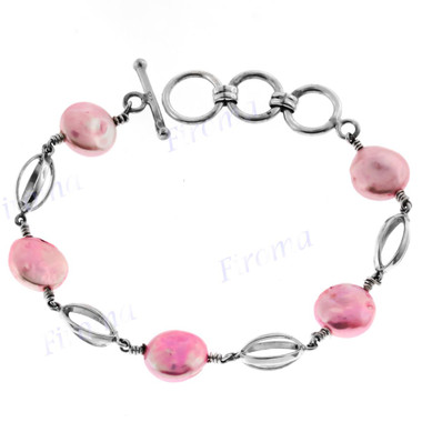 925 Silver Pink Biwa Pearl 7" Toggle Bracelet