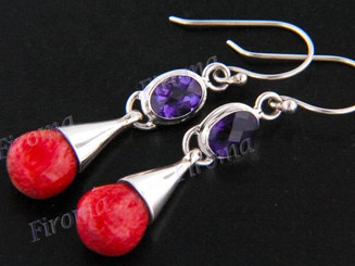 1 1/4" 925 Silver Amethyst Red Coral French Wires Earrings
