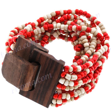 3mm Glass Seed Beads Buckle 7" Coral Red Beige Bracelet