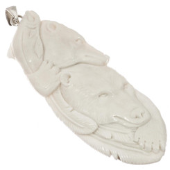 3 1/4" 925 Silver Buffalo Bone Carving Salmon Bear Fish Pendant