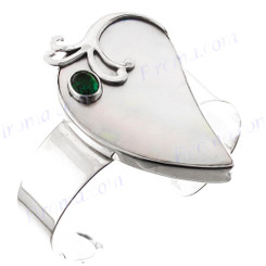 925 Silver Mother Of Pearl Green Quartz Shell 7" Cuff Bracelet