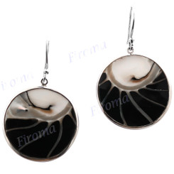 1 1/8" 925 Silver Nautilus Shell Round Black French Wires Earrings