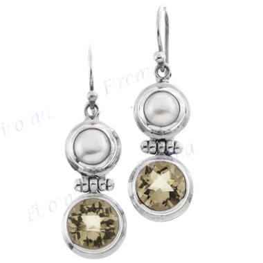 3/4" 925 Silver Lemon Quartz Biwa Pearl French Wires Earrings