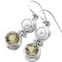 3/4" 925 Silver Lemon Quartz Biwa Pearl French Wires Earrings