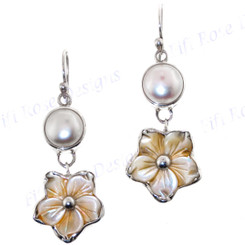 1 3/16" 925 Silver Gold Mother Of Pearl Freshwater Pearl Flower Shell Earrings