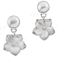 1 1/8" 925 Silver Freshwater Pearl White Mother Of Pearl Flower Shell Earrings