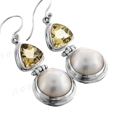 1 1/16" 925 Silver Lemon Quartz White Mabe Pearl French Wires Earrings
