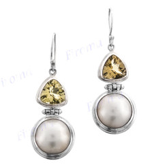 1 1/16" 925 Silver Lemon Quartz White Mabe Pearl French Wires Earrings