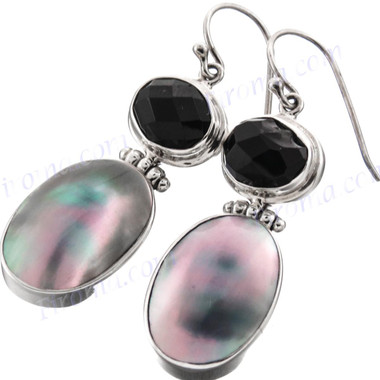 1 1/4" 925 Silver Onyx Abalone Shell Blue French Wires Earrings