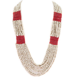 Seed Beads 34" Coral Red Beige Necklace