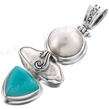 2 5/16" 925 Silver Chalcedony Biwa White Mabe Pearl Pendant