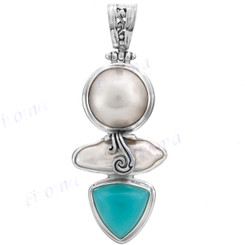 2 5/16" 925 Silver Chalcedony Biwa White Mabe Pearl Pendant