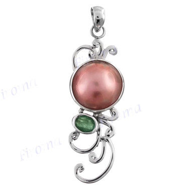 1 15/16" 925 Silver Emerald Pink Mabe Pearl Pendant