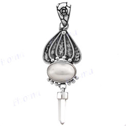2 1/4" 925 Silver White Quartz White Mabe Pearl Clear Pendant