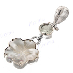 1 9/16" 925 Silver Mother Of Pearl Green Amethyst Flower Shell Pendant