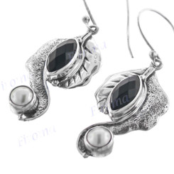1 1/8" 925 Silver Onyx Biwa Pearl French Wires Earrings