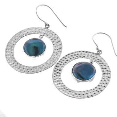 1 3/16" 925 Silver Gray Biwa Pearl Peacock Blue French Hook Earrings