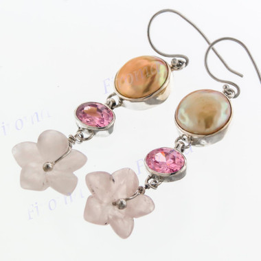1 3/4" 925 Silver Pink Quartz Rose Quartz Biwa Pearl Flower French Earrings