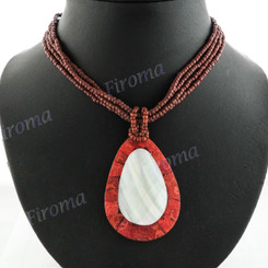 Genuine Red Coral Glass Seed Beads White Mother Of Pearl 18" Necklace Pendant