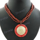 Genuine Red Coral Goldlip Mother Of Pearl Round 18" Brown Necklace Pendant